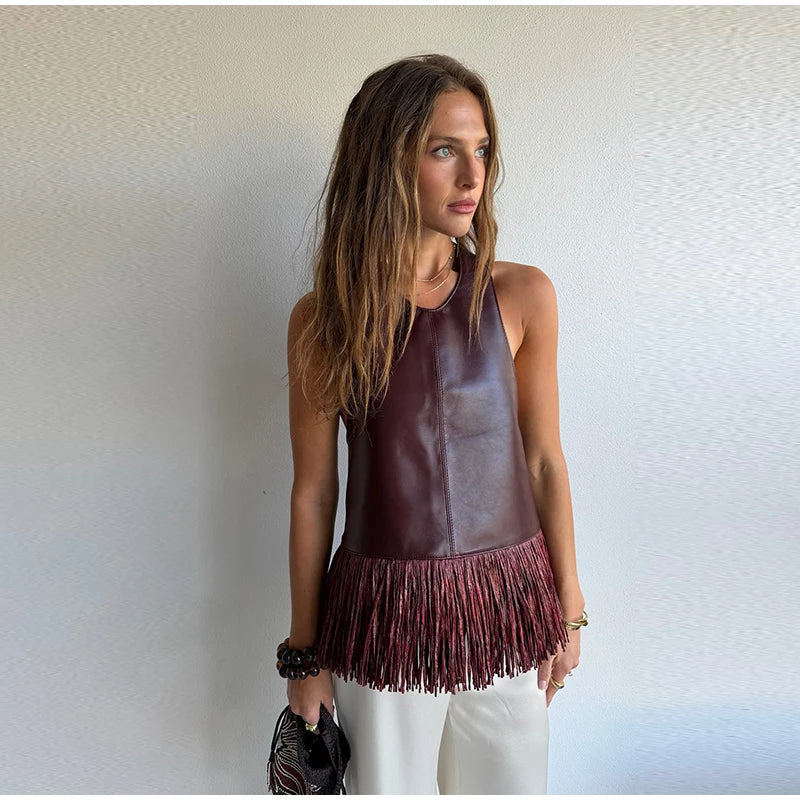Faux Leather Fringe Halter Top