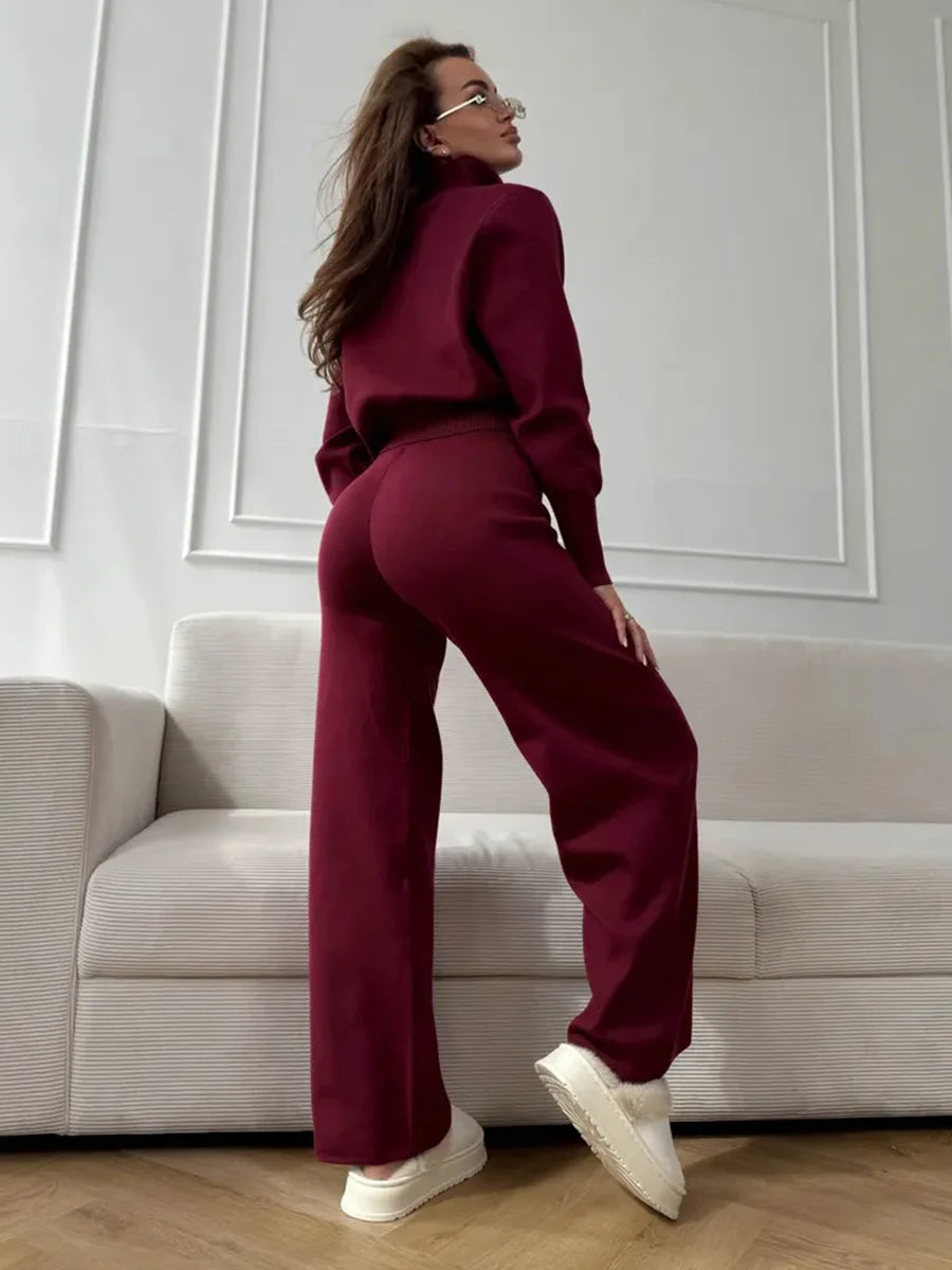 Knit Zip Up Cardigan Wide Leg Pants Set
