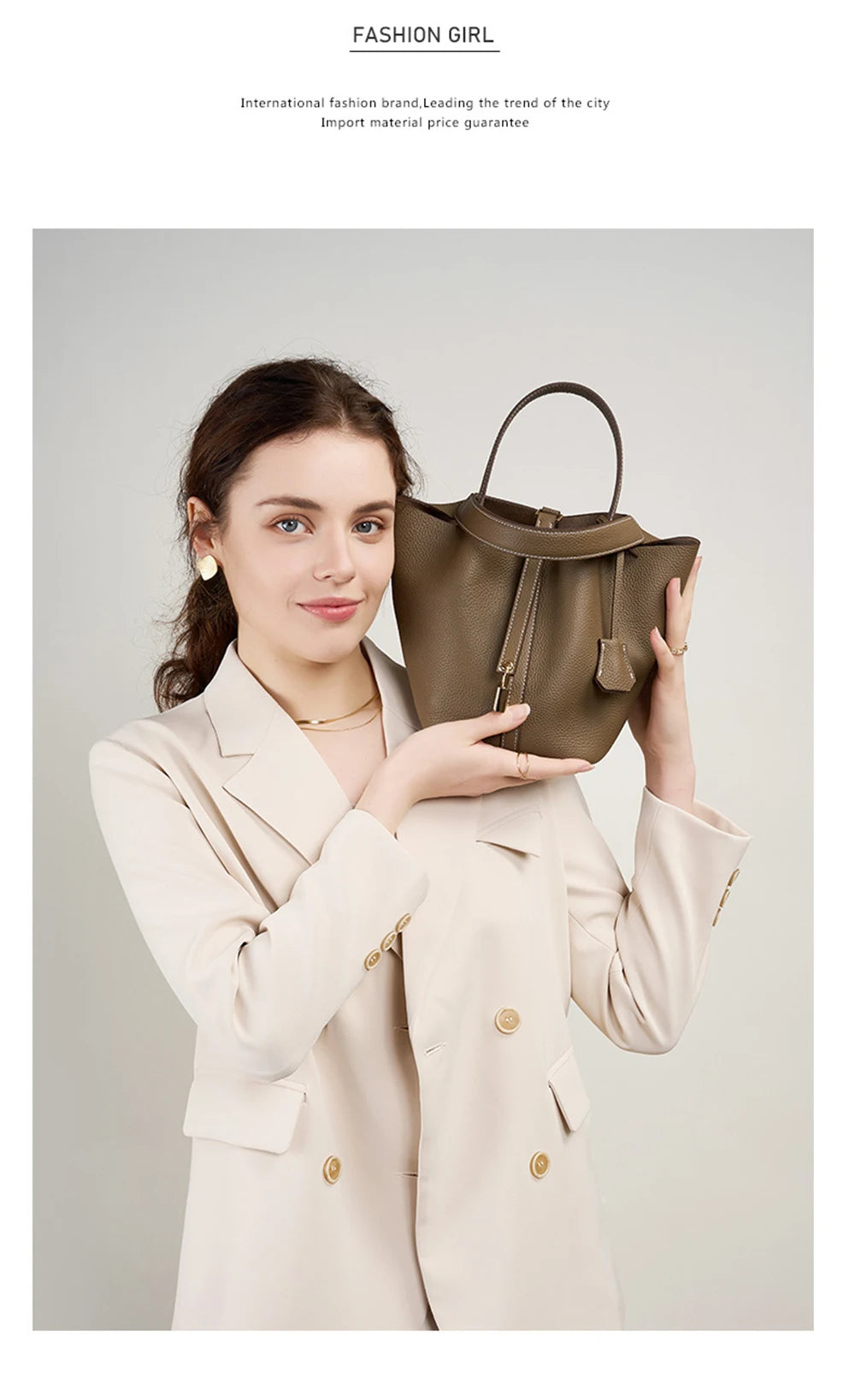 Genuine Leather Bucket Bag with Lock