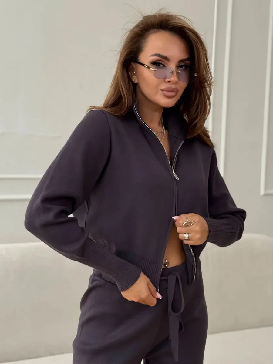Knit Zip Up Cardigan Wide Leg Pants Set