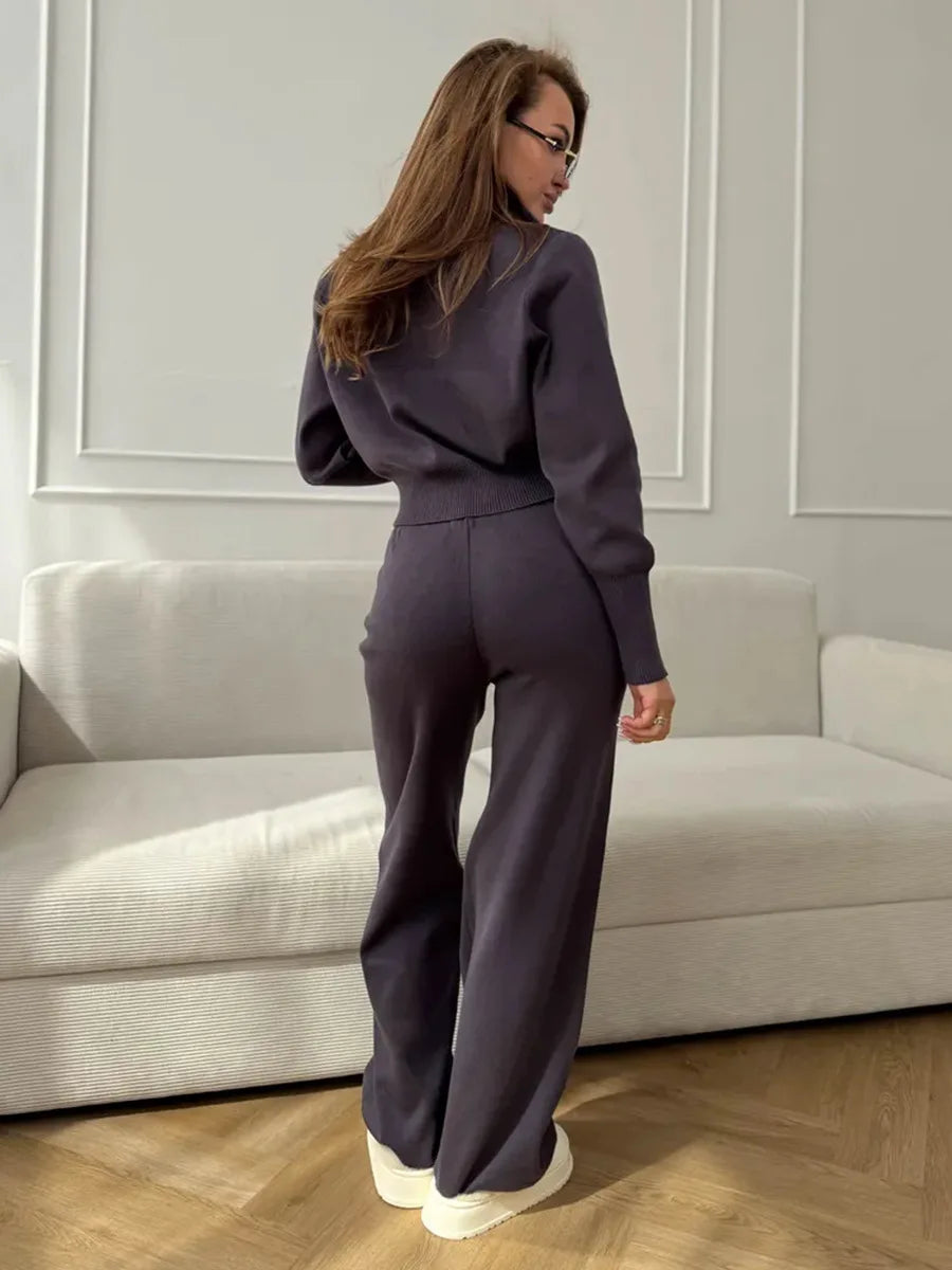 Knit Zip Up Cardigan Wide Leg Pants Set
