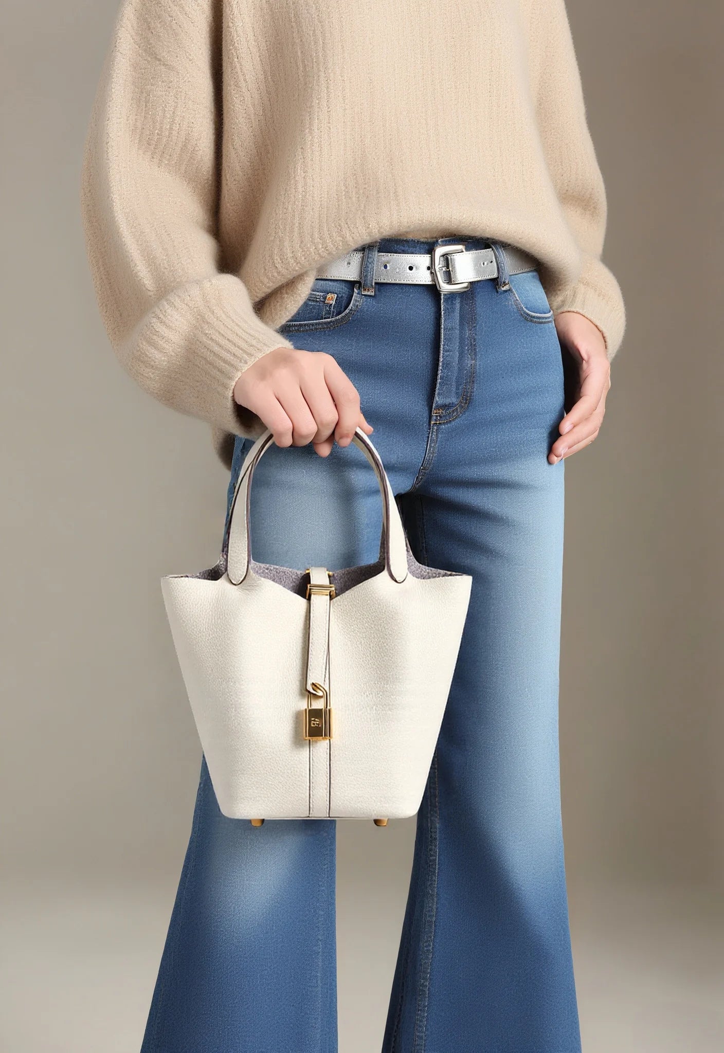 Genuine Leather Bucket Bag with Lock