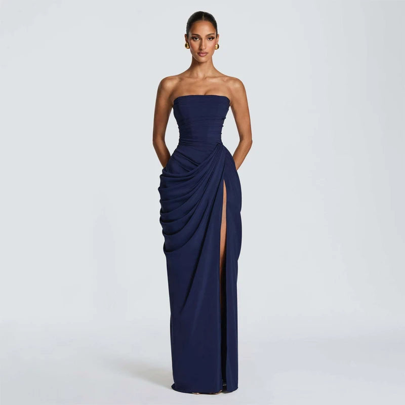 Solid Pleated Strapless Dress