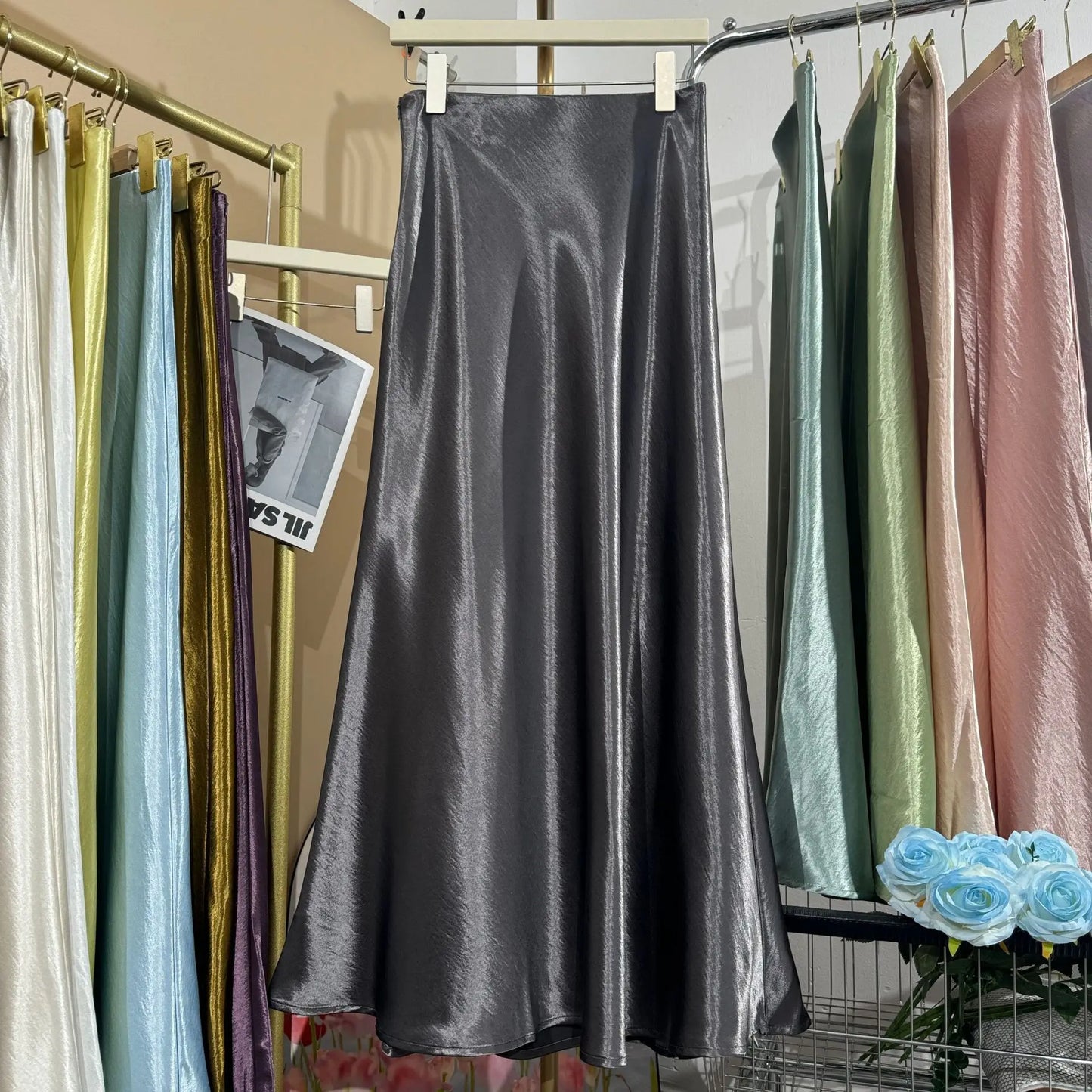 Glossy Satin Midi Skirt