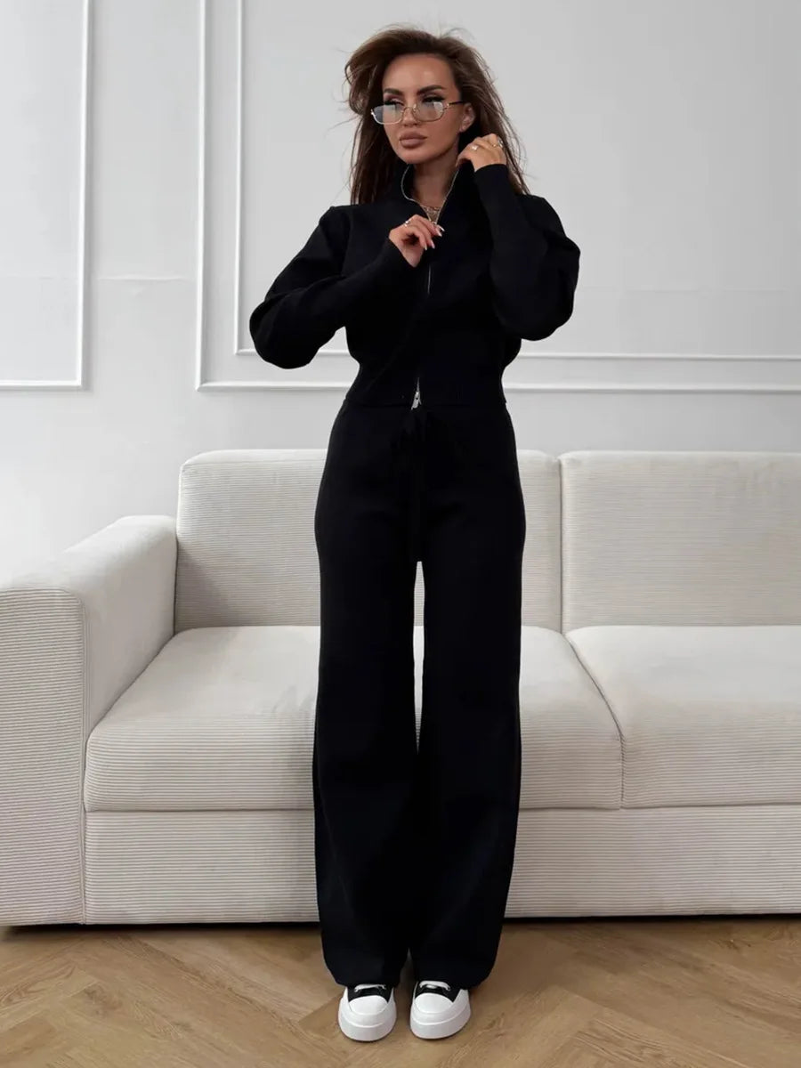 Knit Zip Up Cardigan Wide Leg Pants Set