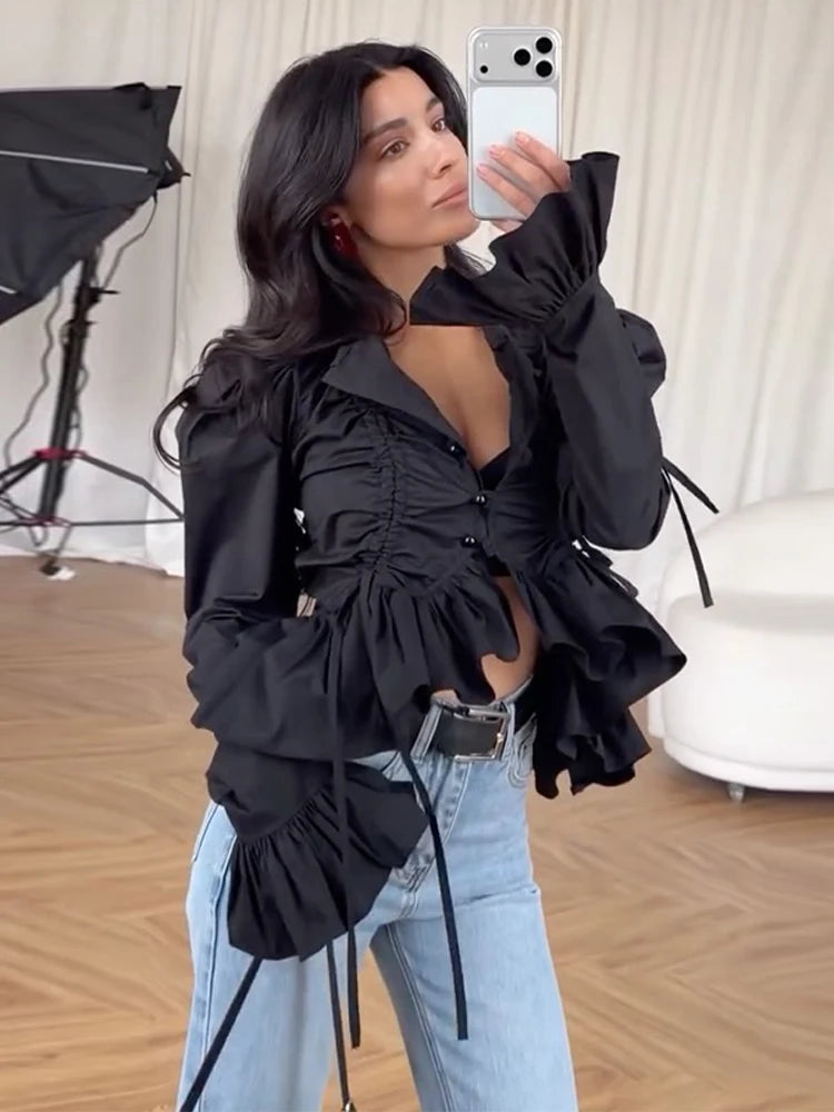 Ruffles Drawstring Fitted Blouse
