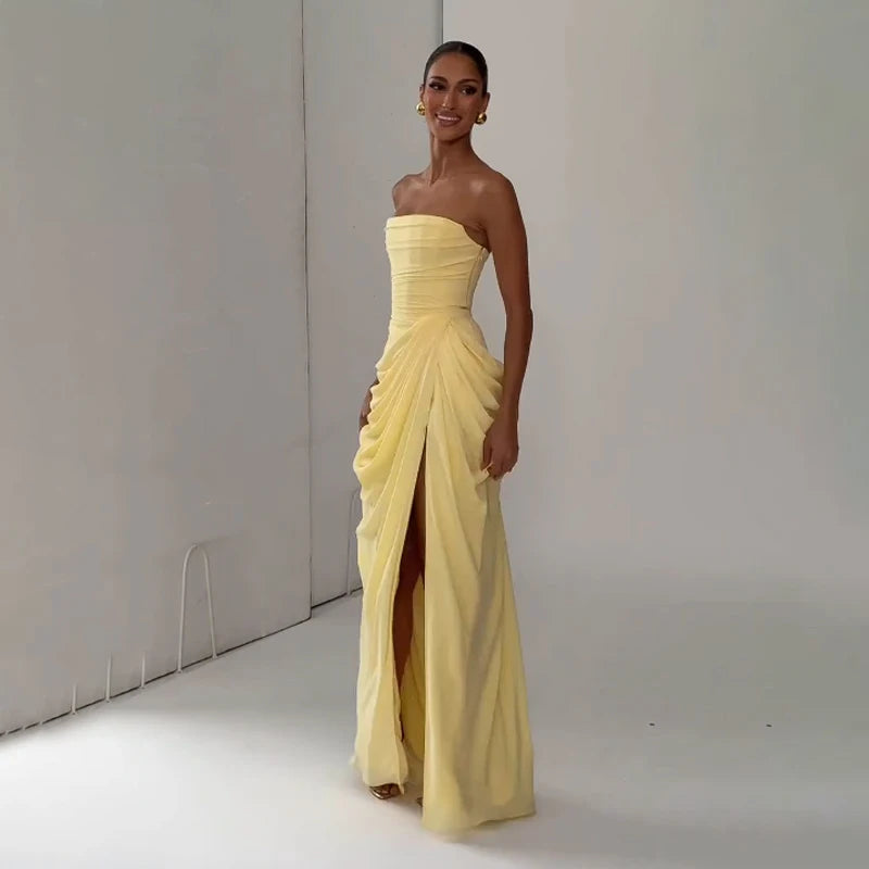 Solid Pleated Strapless Dress
