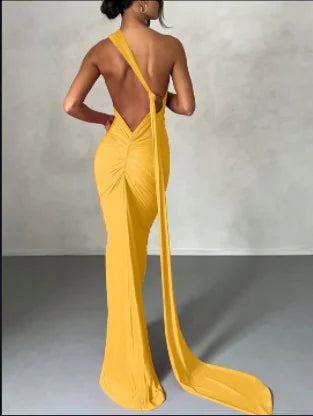 One Shoulder Backless Ruched Dress