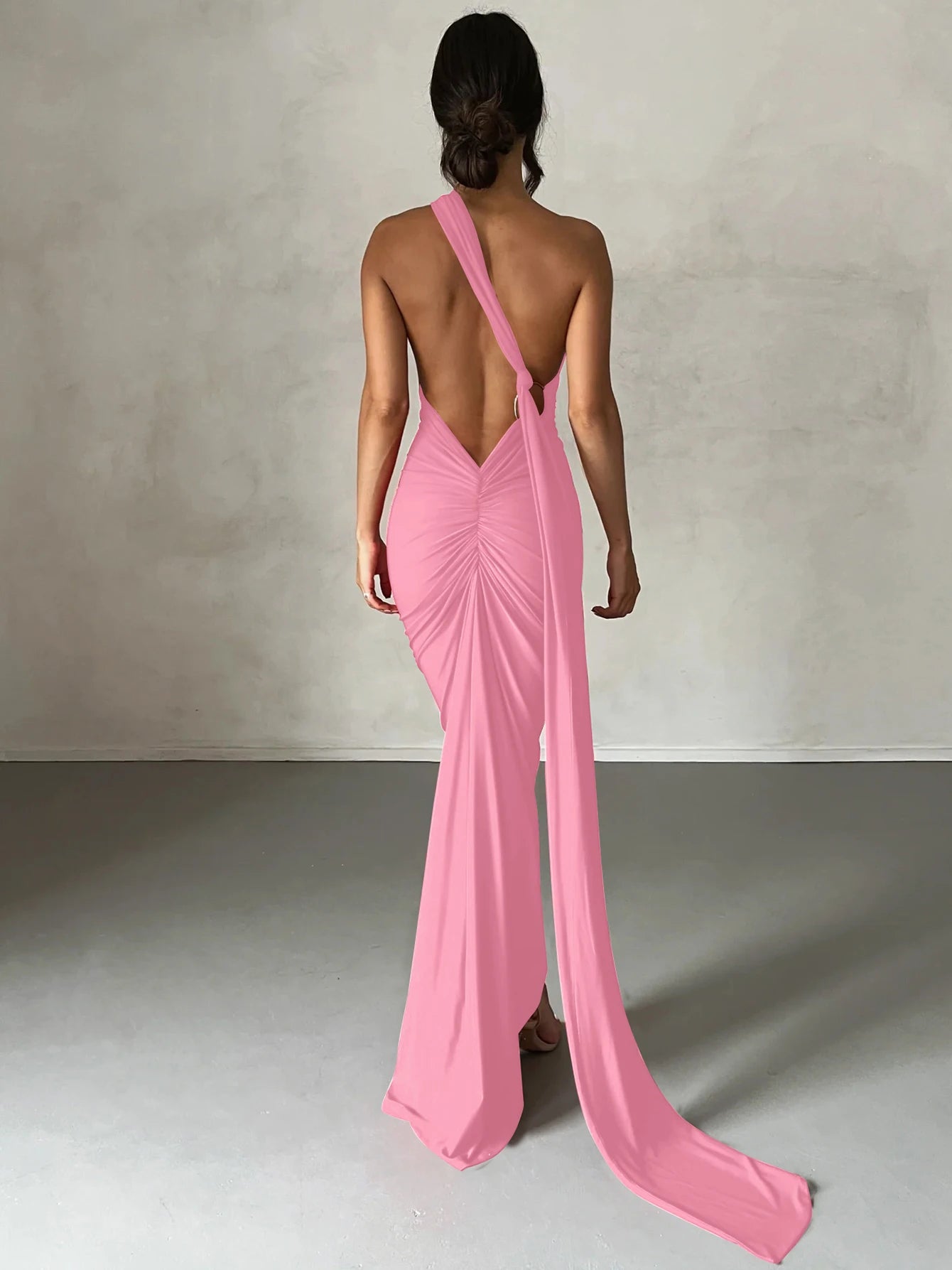 One Shoulder Backless Ruched Dress