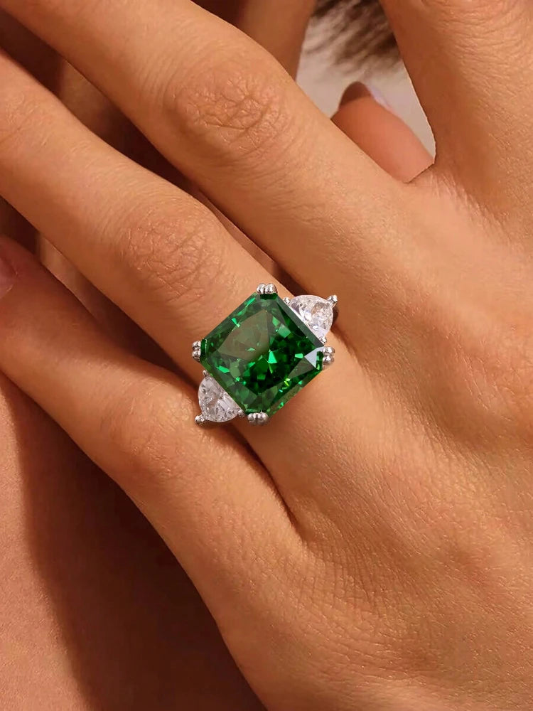 Sterling Silver Green White Sugar Cube Zirconia Ring