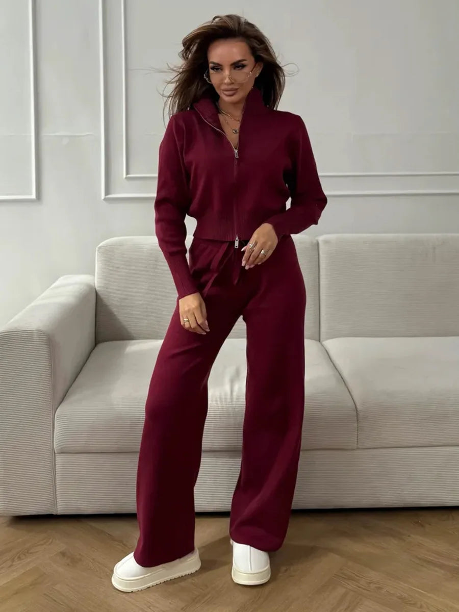Knit Zip Up Cardigan Wide Leg Pants Set