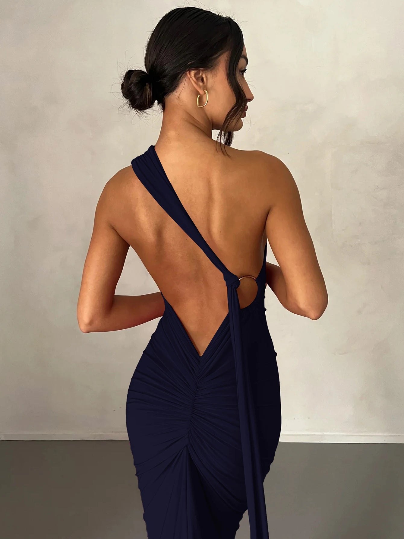 One Shoulder Backless Ruched Dress