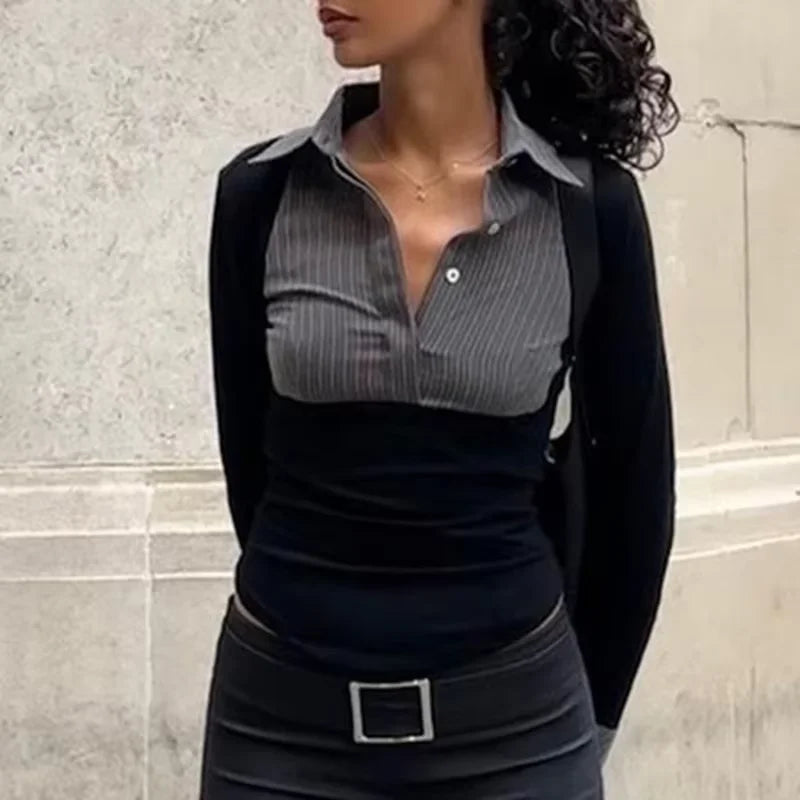 Striped Polo Collar Crop Top