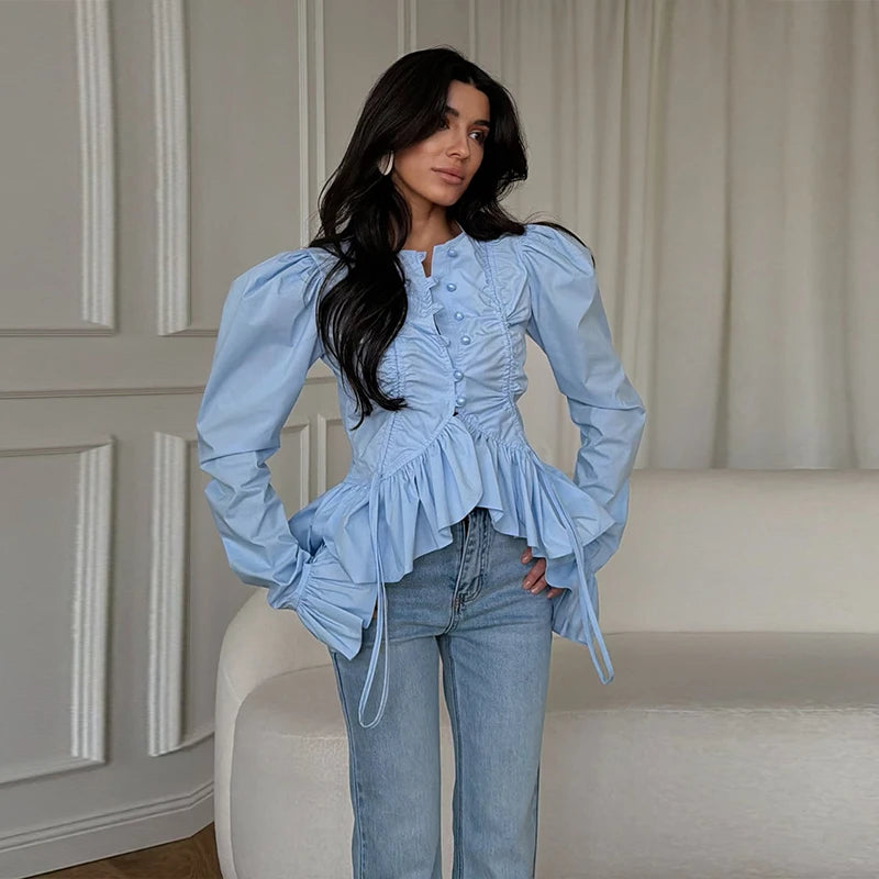 Ruffles Drawstring Fitted Blouse