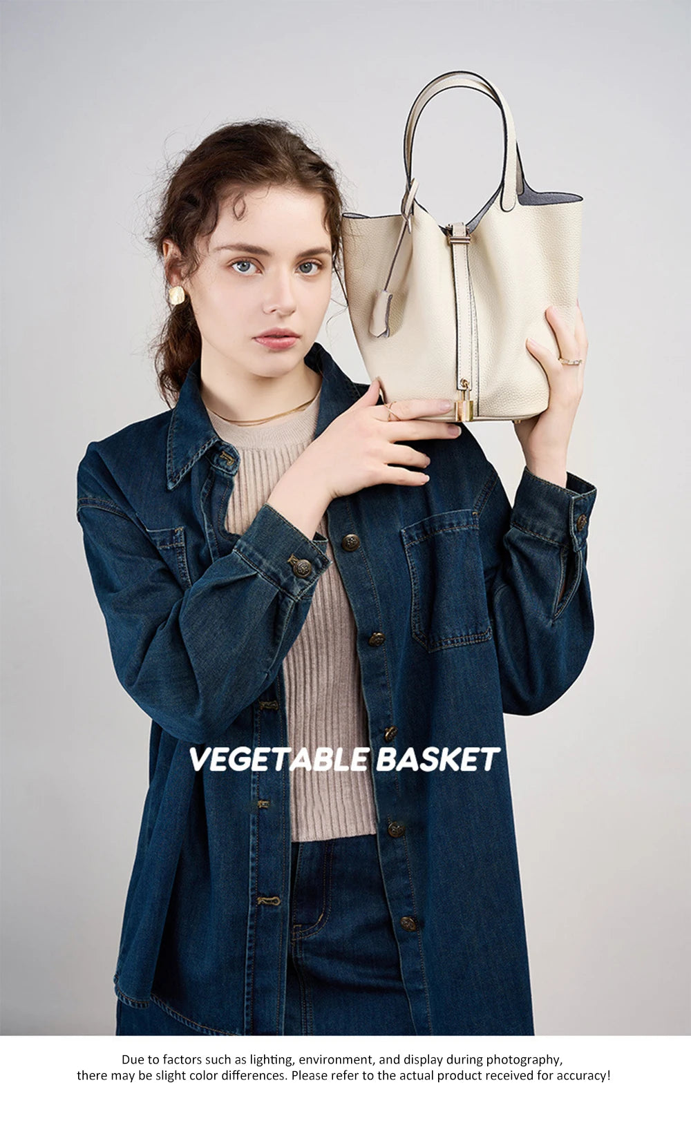 Genuine Leather Bucket Bag with Lock