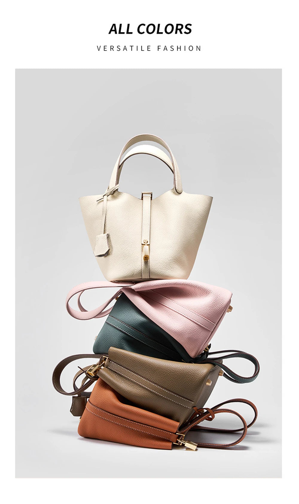 Genuine Leather Bucket Bag with Lock