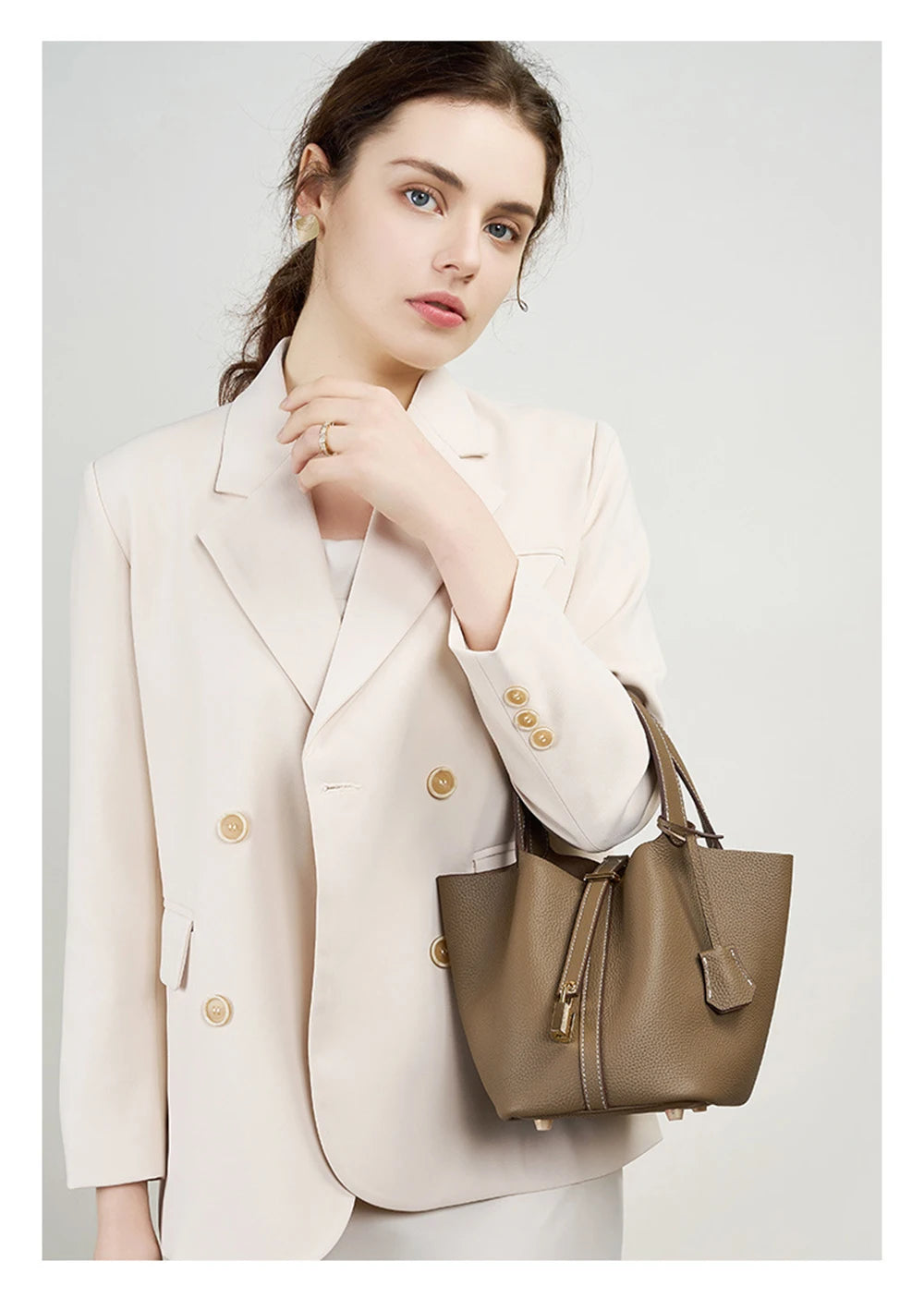 Genuine Leather Bucket Bag with Lock