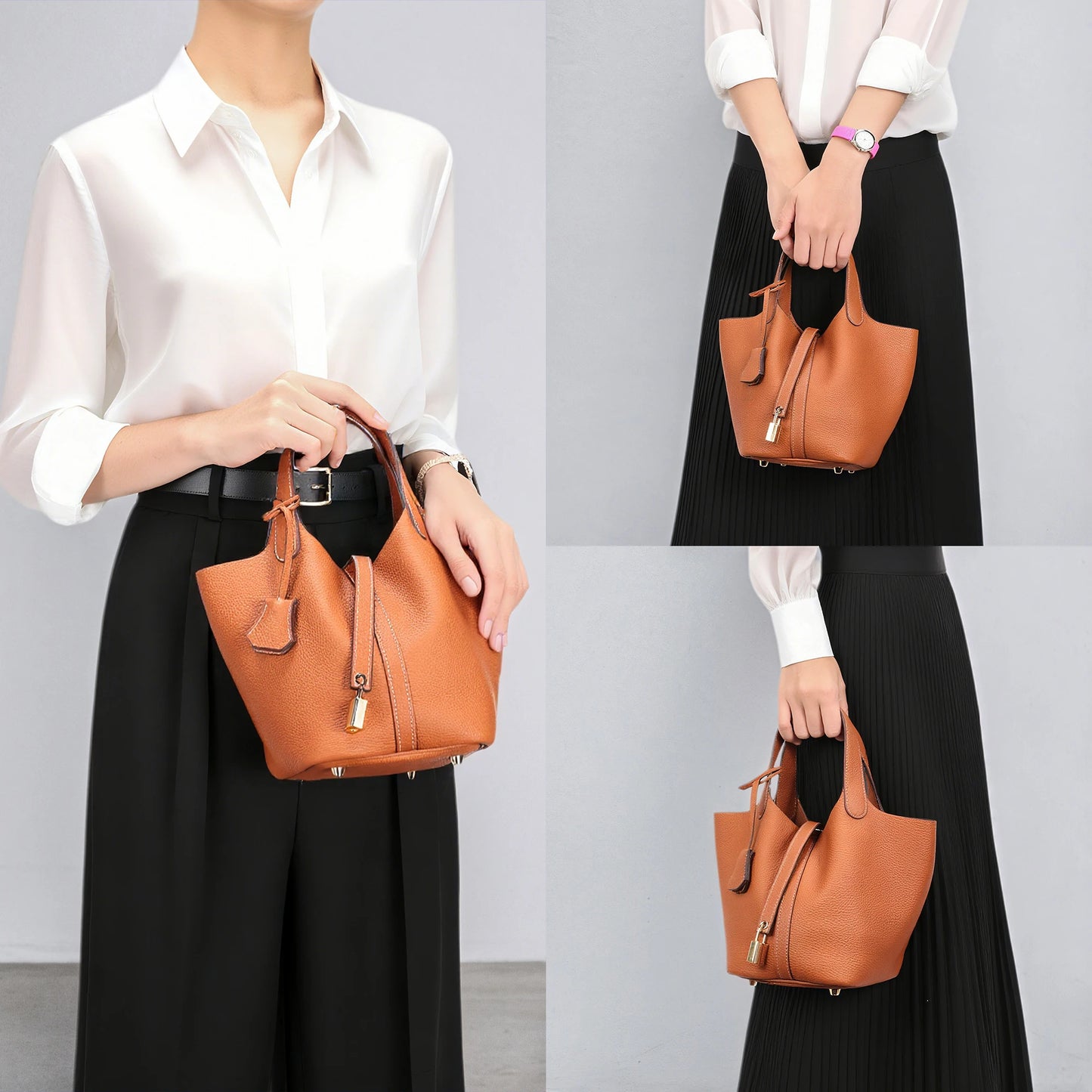 Genuine Leather Bucket Bag with Lock