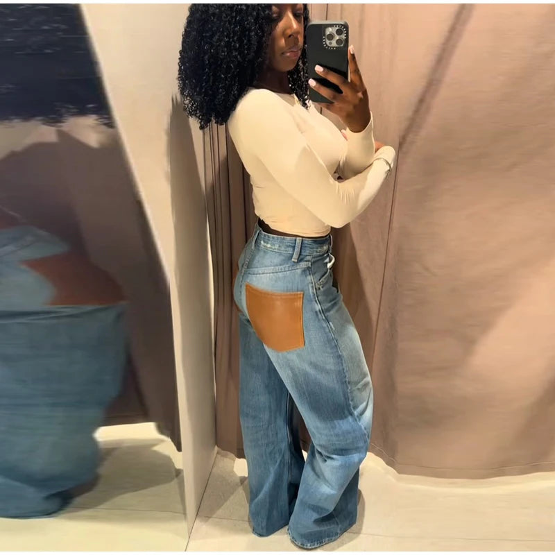Leather Patchwork Denim Trousers