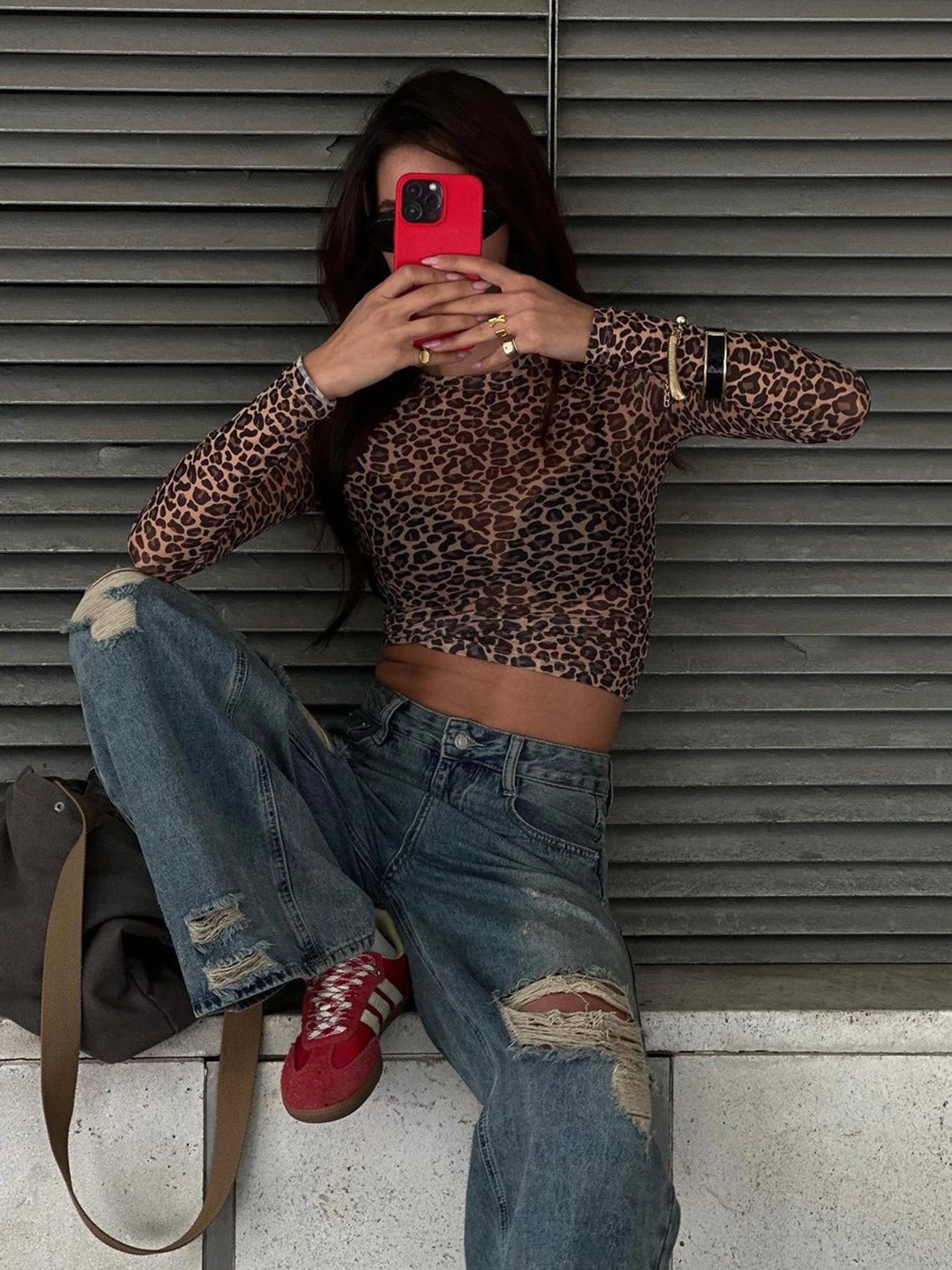 Leopard Bodycon Long Sleeve Crop