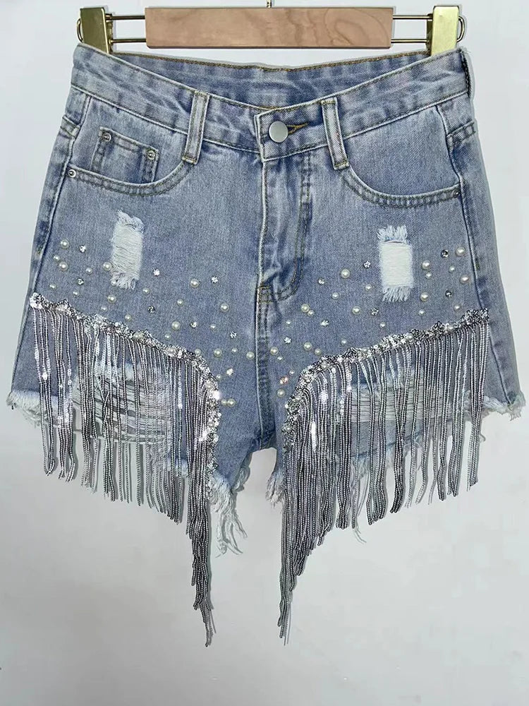 Tassel Beading High Waist Denim Shorts No Belt