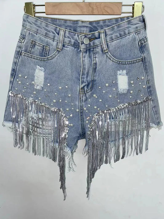 Tassel Beading High Waist Denim Shorts No Belt