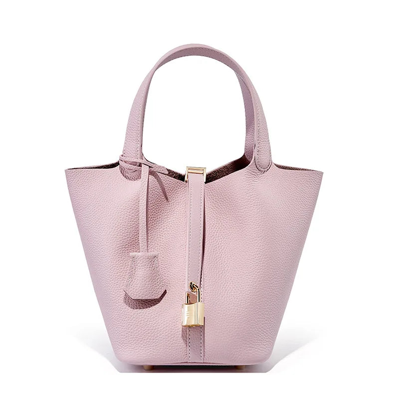 Genuine Leather Bucket Bag with Lock