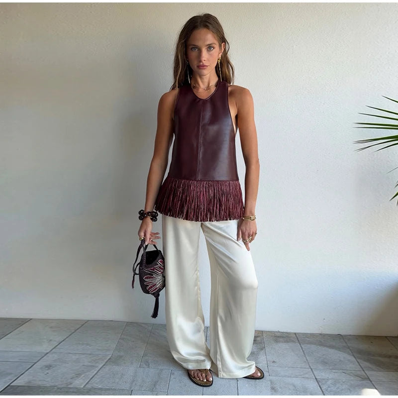 Faux Leather Fringe Halter Top