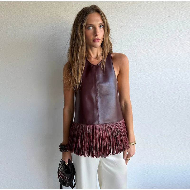 Faux Leather Fringe Halter Top