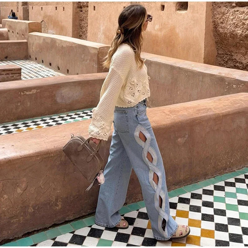 Hollow-out Denim Pants