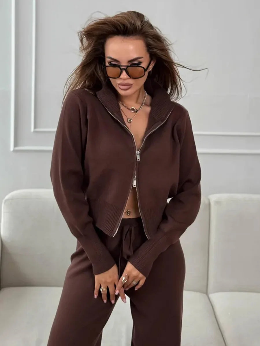 Knit Zip Up Cardigan Wide Leg Pants Set