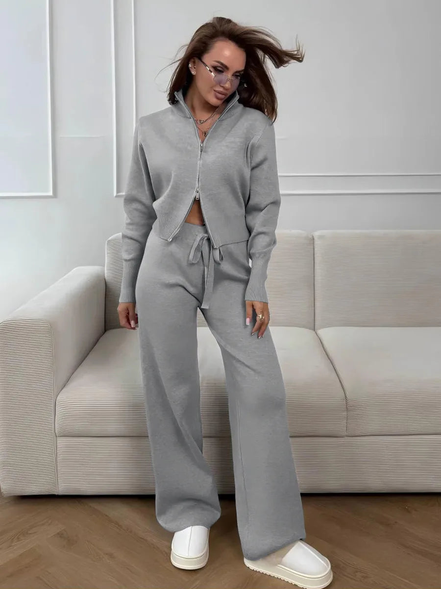 Knit Zip Up Cardigan Wide Leg Pants Set