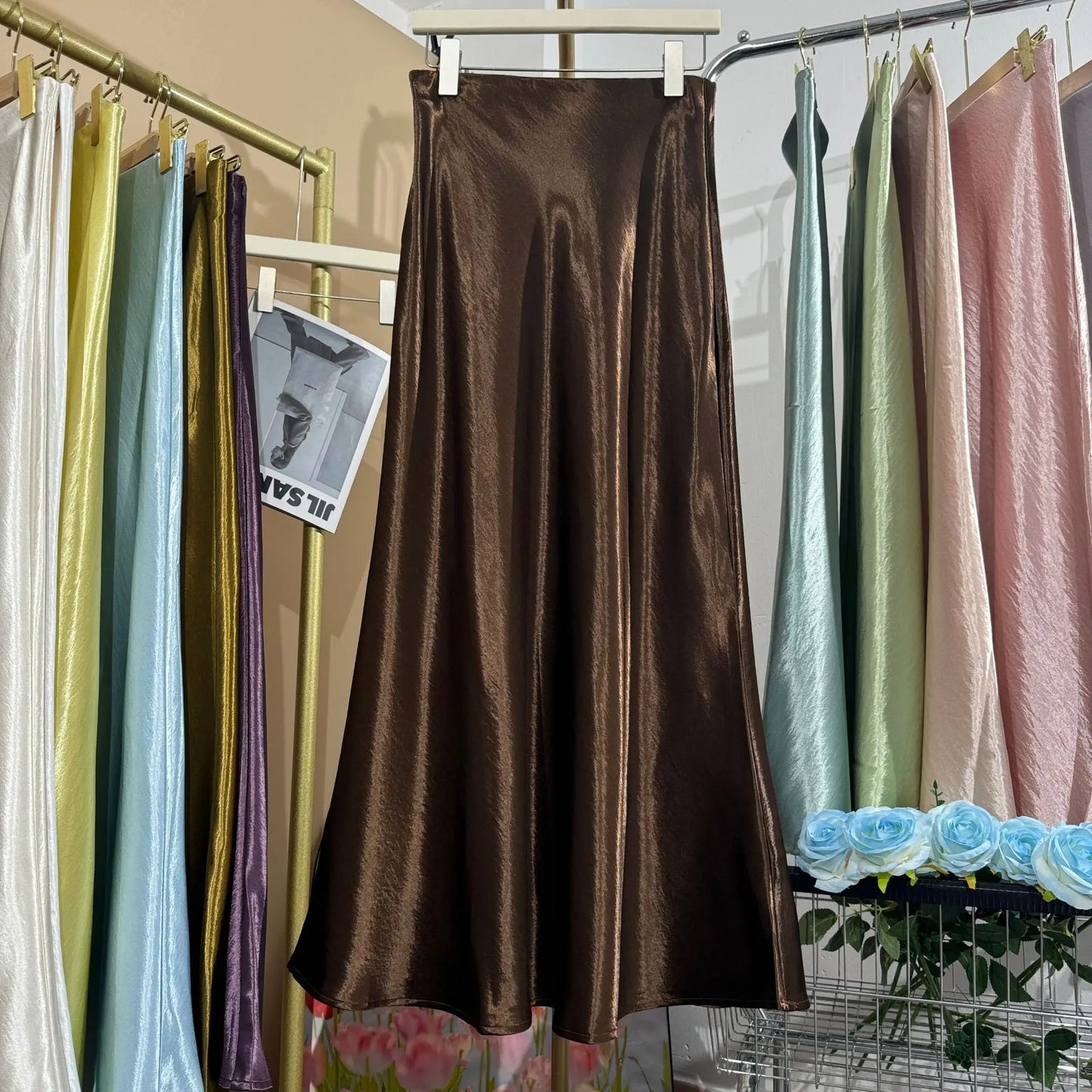 Glossy Satin Midi Skirt