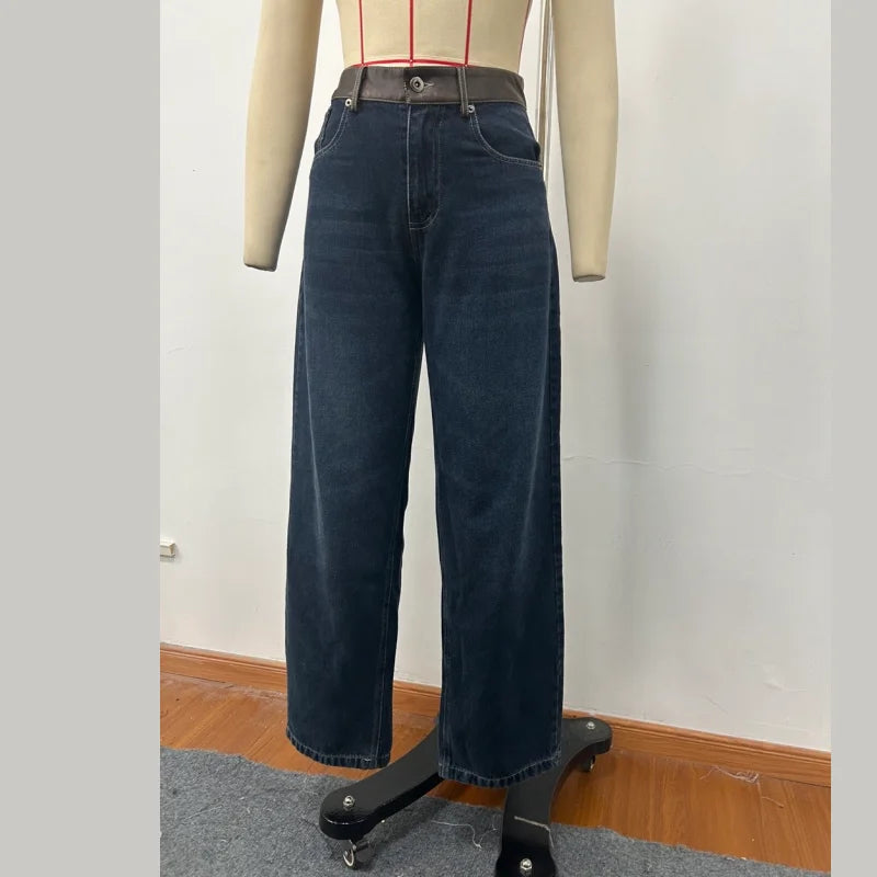 Leather Patchwork Denim Trousers