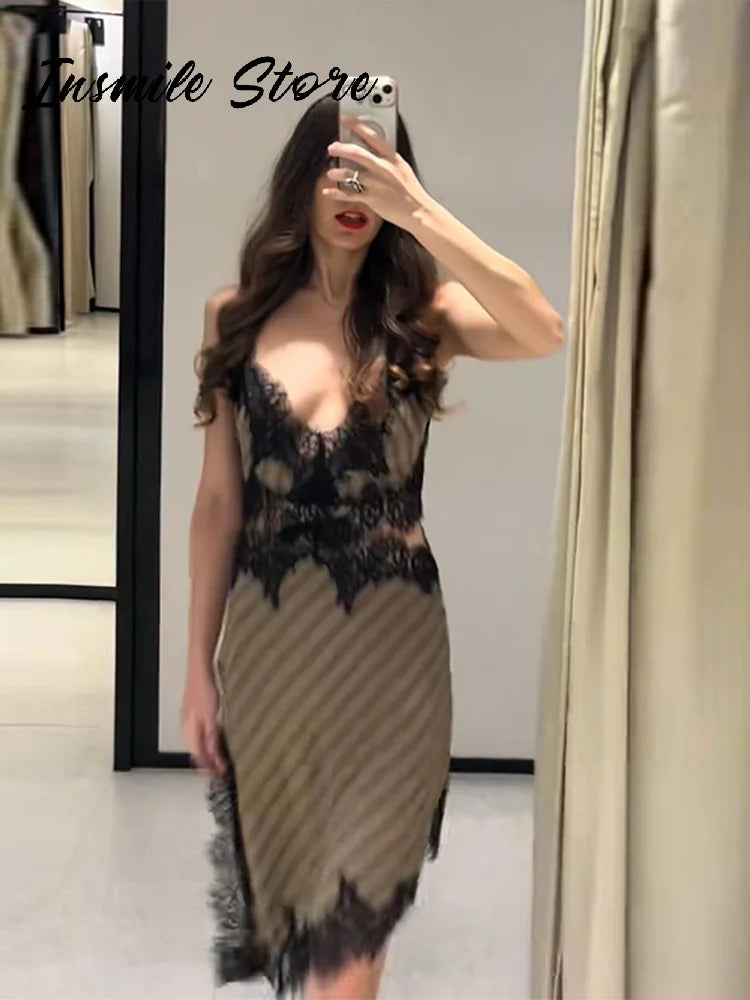 Lace Striped Sling Dress