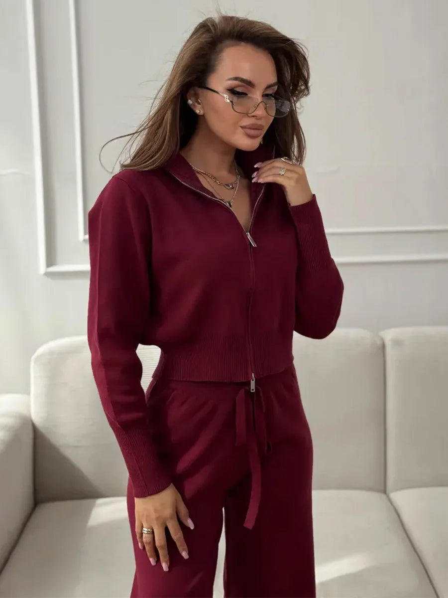 Knit Zip Up Cardigan Wide Leg Pants Set