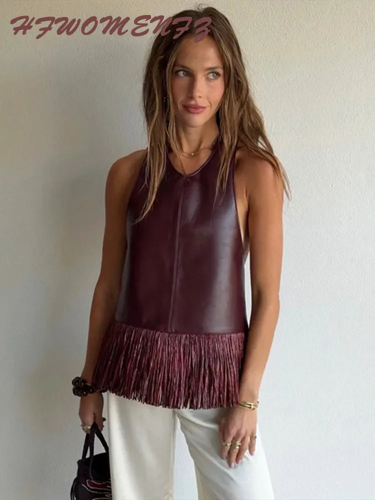 Faux Leather Fringe Halter Top