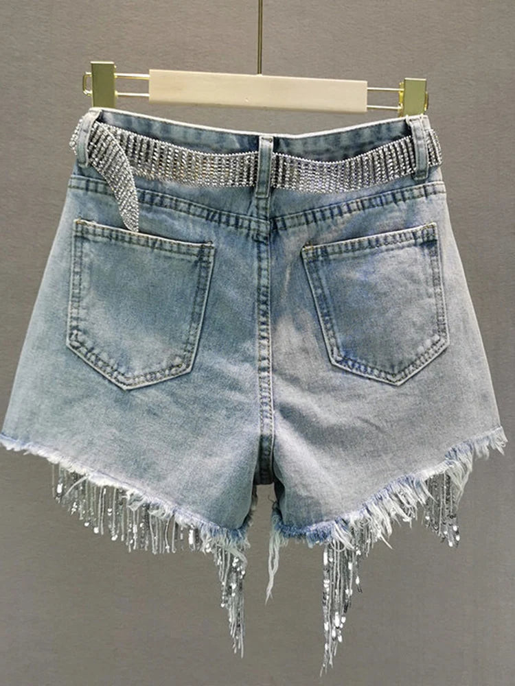Tassel Beading High Waist Denim Shorts No Belt