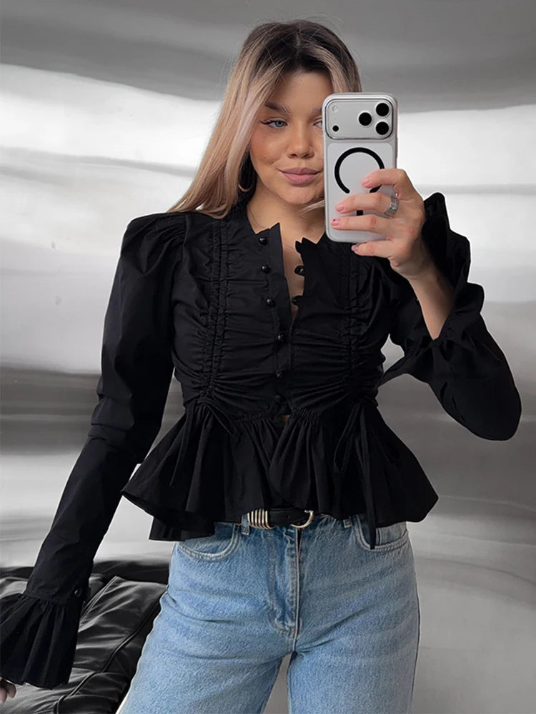 Ruffles Drawstring Fitted Blouse
