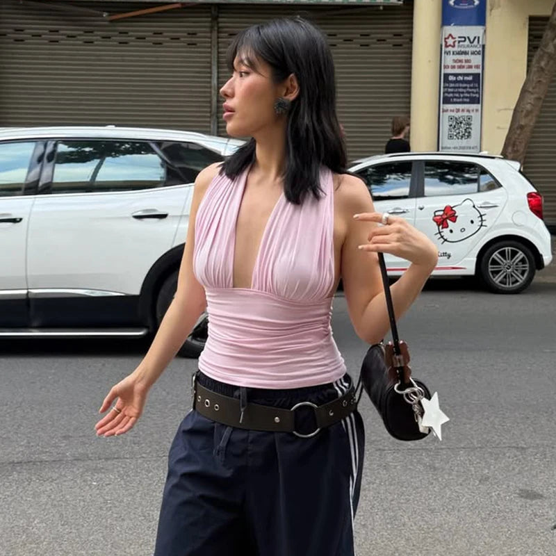 Backless draped shoulder blouse