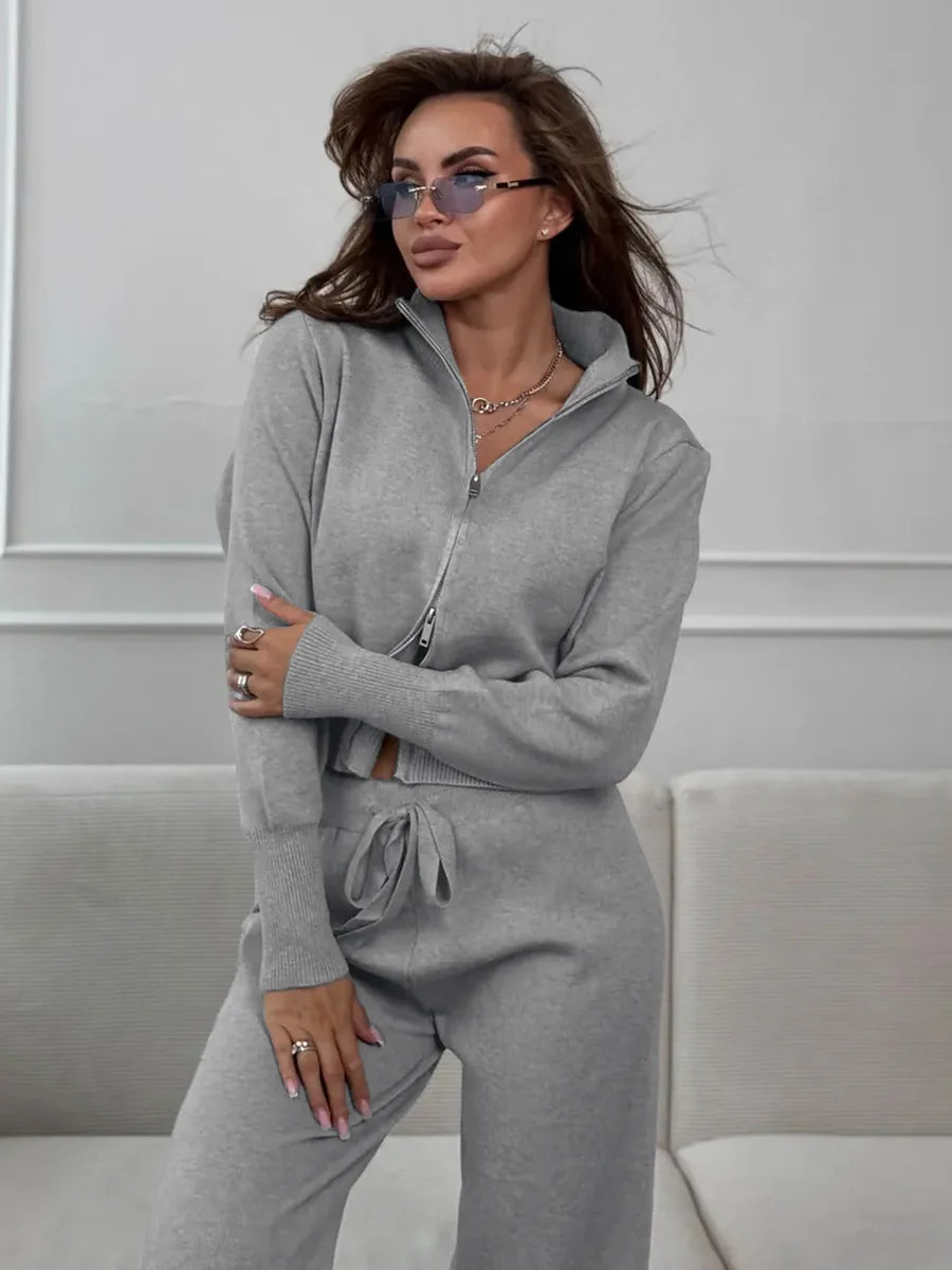 Knit Zip Up Cardigan Wide Leg Pants Set