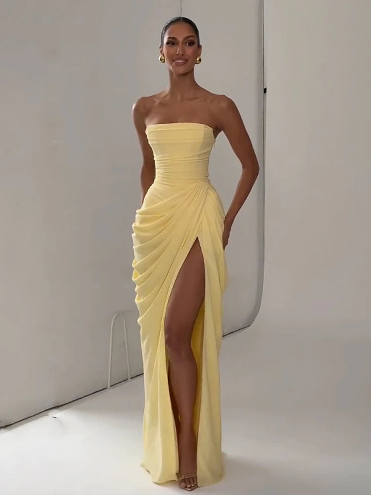 Solid Pleated Strapless Dress