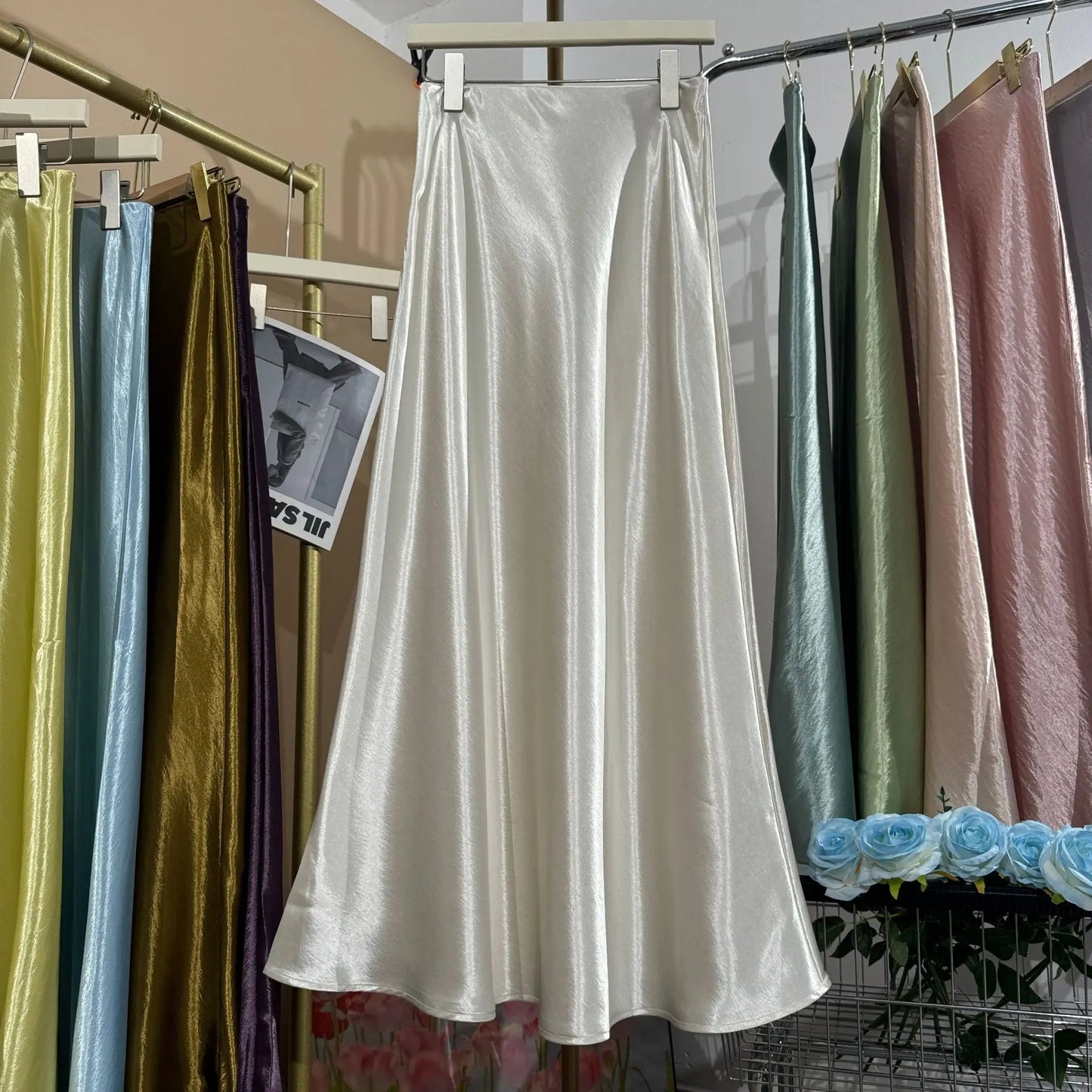 Glossy Satin Midi Skirt