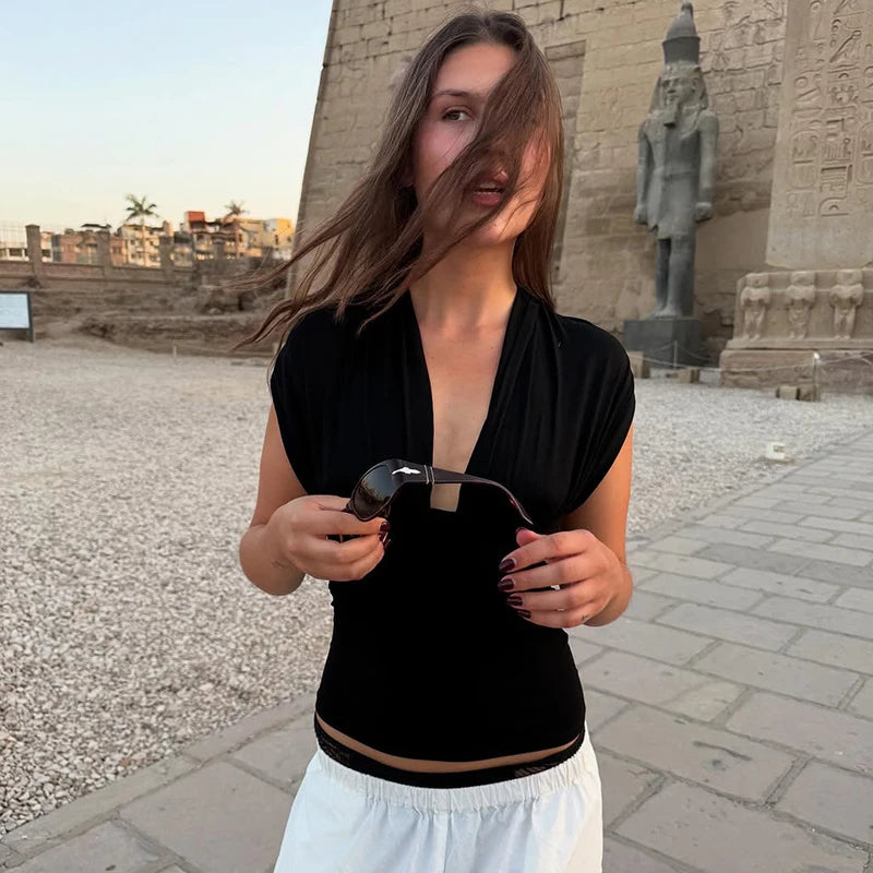 Backless draped shoulder blouse