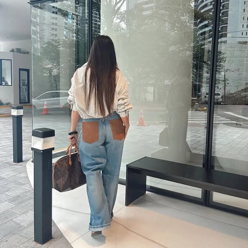 Leather Patchwork Denim Trousers