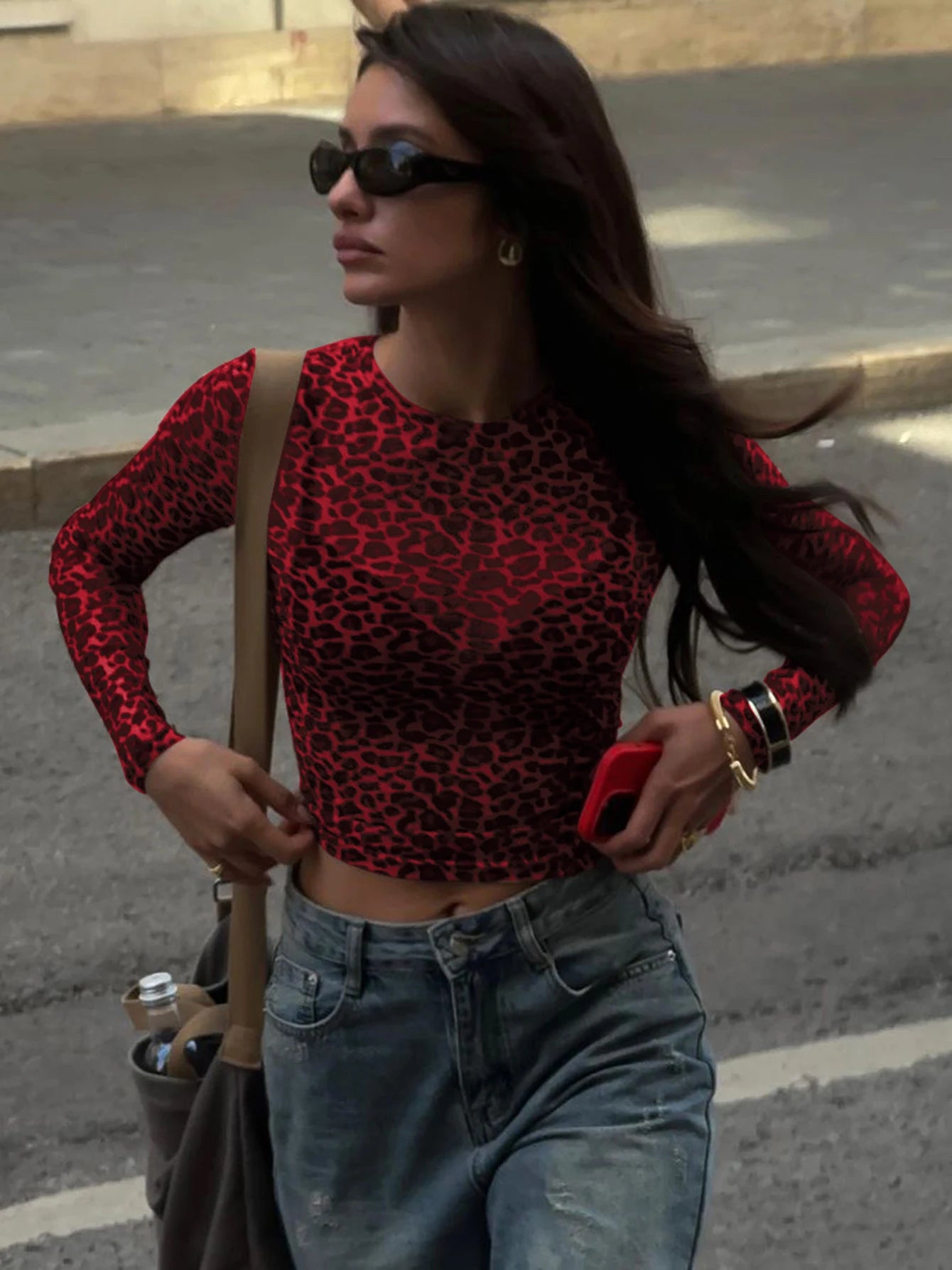 Leopard Bodycon Long Sleeve Crop