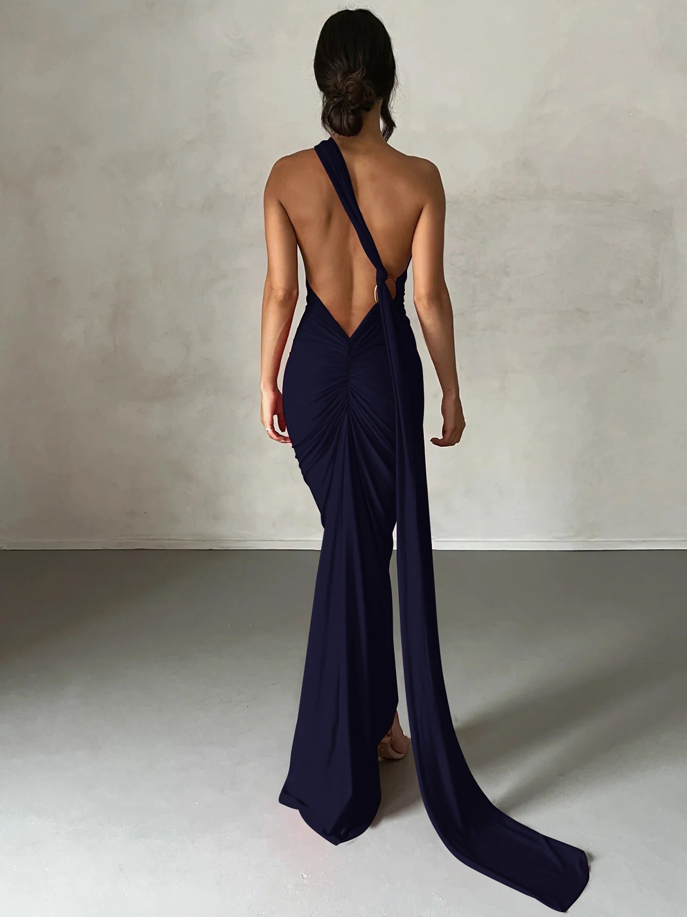 One Shoulder Backless Ruched Dress
