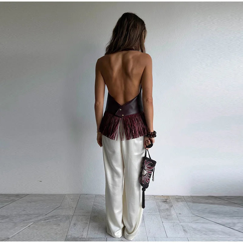 Faux Leather Fringe Halter Top