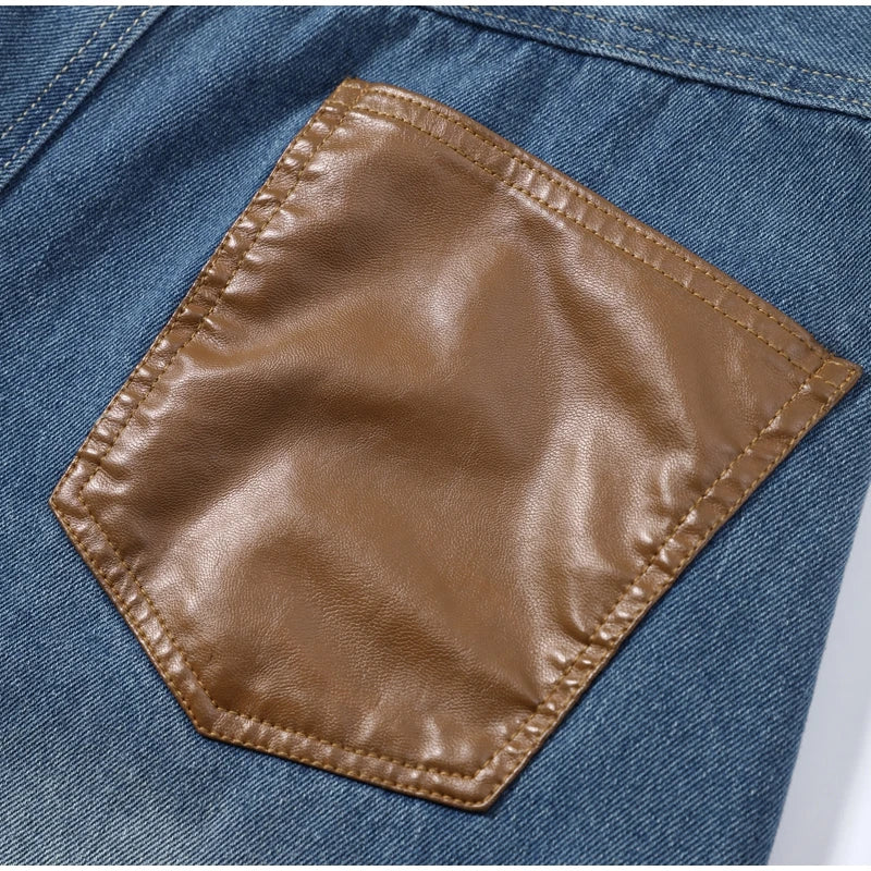 Leather Patchwork Denim Trousers