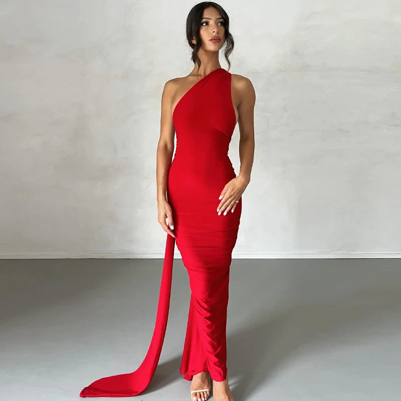 One Shoulder Backless Ruched Dress